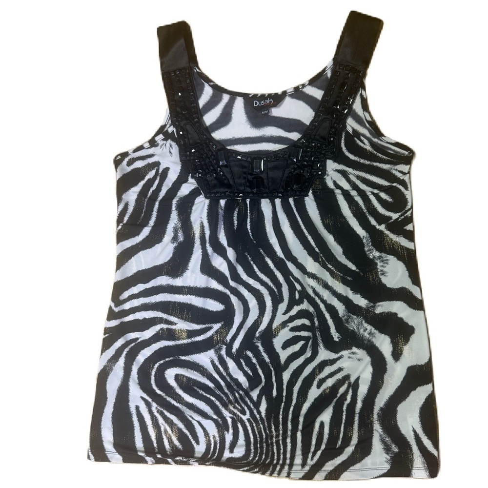 Stylish Zebra Print Sleeveless Top with Embellished Neckline Size Medium $16